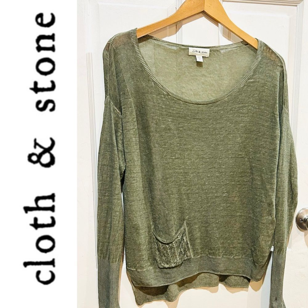 Anthropologie Cloth & Stone Linen Tencel Knit Slouchy Sweater Olive Green Size S